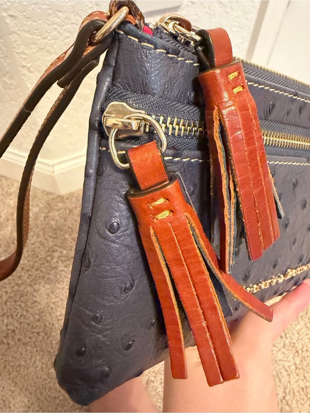 Dooney & Bourke Navy Ostrich-Texture Leather Wristlet with Brown Strap